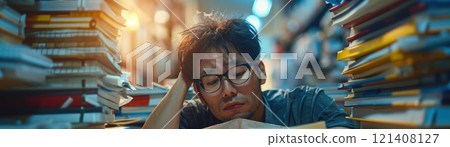 A stressed employee working late at an office, surrounded by stacks of paperwork 121408127