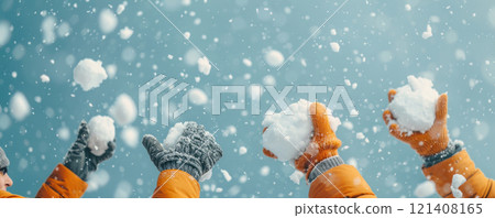 Friends having a snowball fight, winter activities, Joy and playfulness 121408165