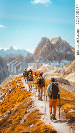 Group hiking on a mountain trail, outdoor activities, Exploration and nature Group hiking on a mountain trail, outdoor activities, Exploration and nature 121408174