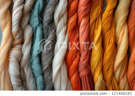 A close-up of colorful yarn strands, showcasing a spectrum of earthy tones, from pale beige to vibrant orange. 121408185