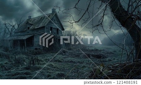 A dilapidated house stands in a desolate field, shrouded in mist and shadows, with skeletal trees reaching out like grasping hands. A dilapidated house stands in a desolate field, shrouded in mist and shadows, with skeletal trees reaching out like grasping hands. 121408191