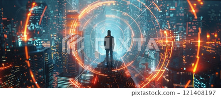 A lone figure stands in a swirling, neon-lit portal, surrounded by a chaotic cityscape. 121408197