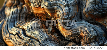 Abstract texture of weathered wood with deep grooves and knots. 121408220