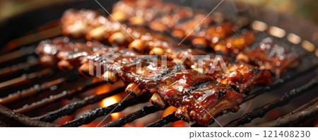 Close up of grilled meat on a barbecue grill. 121408230