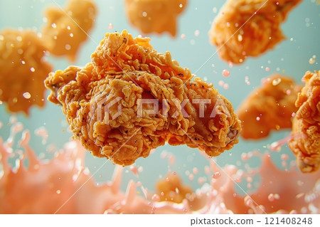 Crispy fried chicken wings splashing in a pink liquid, creating a dynamic and appetizing image. 121408248