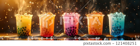 Four colorful boba tea drinks with tapioca pearls. 121408251