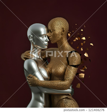 Surreal sculpture of two humanoid figures embracing, One figure is solid and metallic, while the other appears fragmented and constructed from a grid of golden patterns 121408276