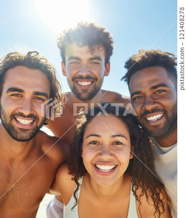 Group of friends having fun at the beach or pool, recreation leisure or holiday summer themed concepts, close up on the faces, backlit sun in the back, various races 121408278