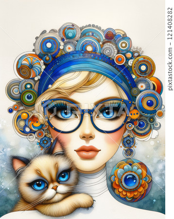 whimsical painting of a stylish fair haired woman with blue dramatic eyes wearing glasses and small, gold circular earrings a cat with blue eyes 121408282