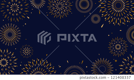 Firework vector background. Celebrate pattern with simple flat golden fireworks, explosions in night sky with copy space at the center. Illustration for new year, anniversary, birthday celebration 121408337