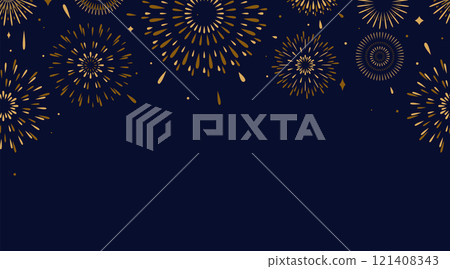 Firework vector seamless border background. Celebrate pattern with simple flat golden fireworks, explosions in night sky with copy space at the bottom. Illustration for new year, birthday celebration 121408343
