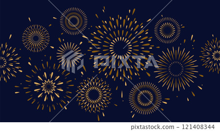 Firework vector background. Celebrate pattern with simple flat golden fireworks, sparks, explosions in night sky. Modern illustration for new year, anniversary, winner, birthday celebration Firework vector background. Celebrate pattern with simple flat golden fireworks, sparks, explosions in night sky. Modern illustration for new year, anniversary, winner, birthday celebration 121408344