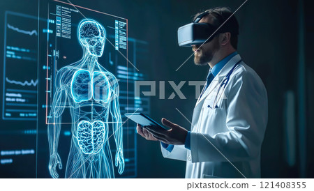 A doctor analyzing a whole-body X-ray hologram display. The concept of advanced medical diagnostics, futuristic healthcare technology, and precision in patient care. Generative AI. A doctor analyzing a whole-body X-ray hologram display. The concept of advanced medical diagnostics, futuristic healthcare technology, and precision in patient care. Generative AI. 121408355