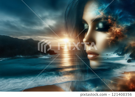 a woman face with a beautiful seascape a woman face with a beautiful seascape 121408356