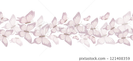 Watercolor Butterfly Border in pastel pink colors. Seamless Pattern with wings for wedding invitations or baby girl greeting cards and invitations. Feminine frame for scrapbooking, and stationery. 121408359