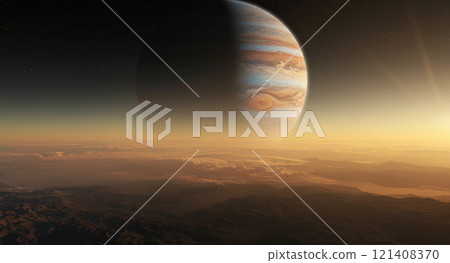 Sunlit Jupiter beyond the yellow sand-smoked atmosphere 121408370