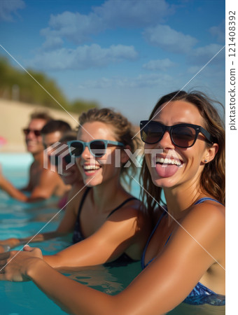 Group of friends having fun at the pool, recreation leisure and holiday summer time, close up on the faces, woman with tongue out pulling faces Group of friends having fun at the pool, recreation leisure and holiday summer time, close up on the faces, woman with tongue out pulling faces 121408392