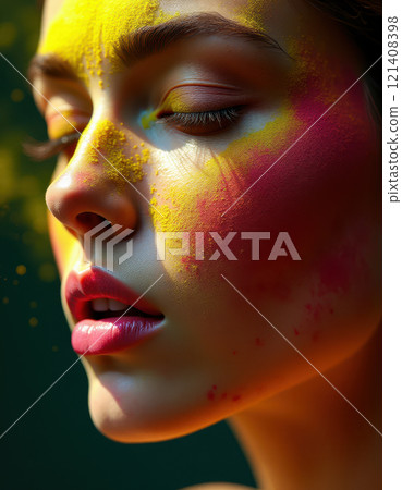 Extreme close-up of a woman's intricate facial structure , portrayed through explosive color , paint powder clouds in creating dynamic motion, 121408398