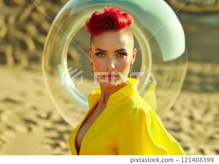 fashion shot, single woman redhead with a yellow blouse and red hair, outdoors, summer time, , short haircut , transparent bubble ring background fashion shot, single woman redhead with a yellow blouse and red hair, outdoors, summer time, , short haircut , transparent bubble ring background 121408399