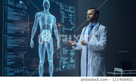 A doctor analyzing a whole-body X-ray hologram display. The concept of advanced medical diagnostics, futuristic healthcare technology, and precision in patient care. Generative AI. A doctor analyzing a whole-body X-ray hologram display. The concept of advanced medical diagnostics, futuristic healthcare technology, and precision in patient care. Generative AI. 121408401