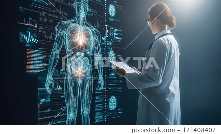 A doctor analyzing a whole-body X-ray hologram display. The concept of advanced medical diagnostics, futuristic healthcare technology, and precision in patient care. Generative AI. 121408402