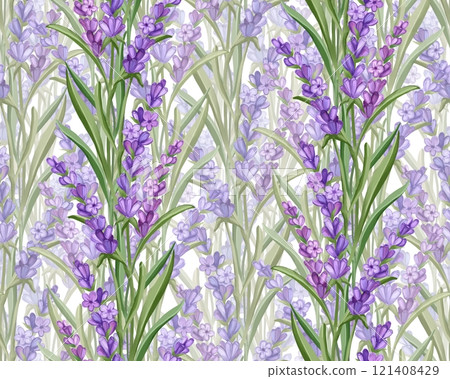 Seamless pattern of lavender flowers. Hand drawn illustration for wallpaper, textiles, packaging paper. Seamless pattern of lavender flowers. Hand drawn illustration for wallpaper, textiles, packaging paper. 121408429