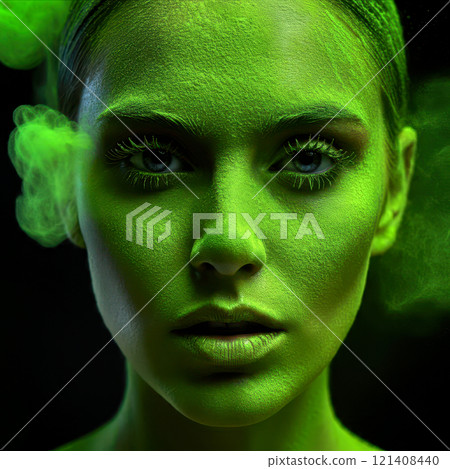 Extreme close-up of a woman's intricate facial structure , portrayed through explosive color , paint powder clouds in creating dynamic motion, Extreme close-up of a woman's intricate facial structure , portrayed through explosive color , paint powder clouds in creating dynamic motion, 121408440