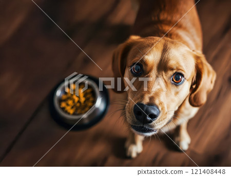 view from above extreme close up mutt rescued dog with looking up to the camera eating dry food from bowl at home, closeup. wooden floor The concept of advertising dog food , view from above extreme close up mutt rescued dog with looking up to the camera eating dry food from bowl at home, closeup. wooden floor The concept of advertising dog food , 121408448