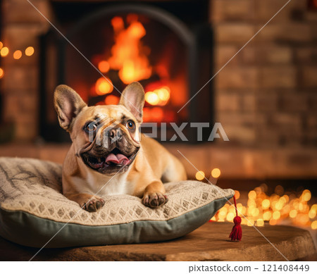 cute dog French bulldog miniature resting on a pillow , on background fireplace with flames , cute dog French bulldog miniature resting on a pillow , on background fireplace with flames , 121408449