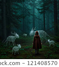 Girl with folklore creatures . The hooded girl, accompanied by folklore creatures of wire and fractals, creeps through the enchanted evergreen forest with stars 121408570