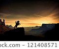 silhouette of cowboy at sunset riding a horse at sunset canyon wild west background illustration 121408571