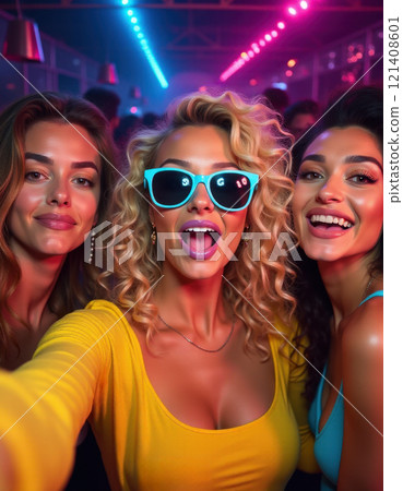 woman influencer taking a group selfie at a party, fun vibe, party lights background in the club with glitter woman influencer taking a group selfie at a party, fun vibe, party lights background in the club with glitter 121408601