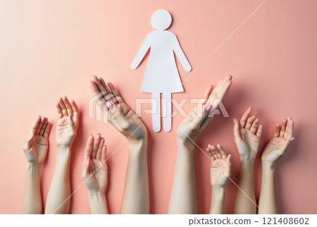 group of hands and female gender symbol or pictogram, Women rights and female social movement or gender equality for woman justice together as a community united together for abortion issues and 121408602
