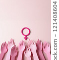 group of paper cut hands and female gender symbol , women rights and female solidarity social movement or gender equality for woman justice, feminism together as a community united together for health 121408604