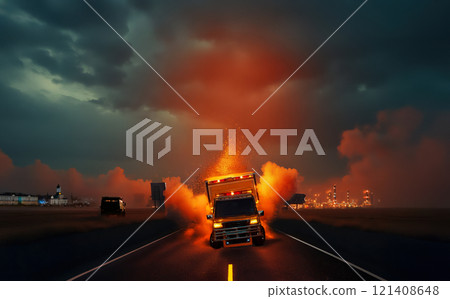truck accident in flames exploding on the road at sunset, highway leading lines, city town in the background with energy infrastructure 121408648