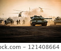 soldiers advancing in harsh terrain, tanks take center stage in modern warfare, traditional helicopters for both fighting and surveillance, military circles 121408664