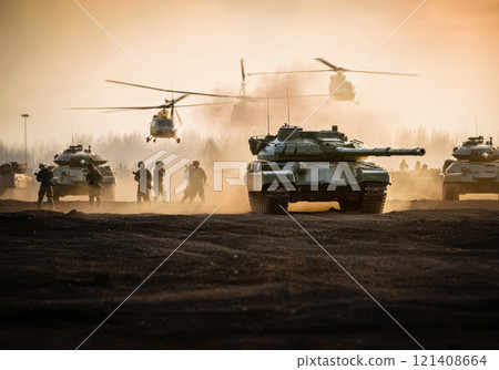 soldiers advancing in harsh terrain, tanks take center stage in modern warfare, traditional helicopters for both fighting and surveillance, military circles soldiers advancing in harsh terrain, tanks take center stage in modern warfare, traditional helicopters for both fighting and surveillance, military circles 121408664