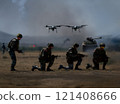 The concept of Drone Warfare topic in military circles, tanks and soldiers advancing in harsh terrain, drones take center stage in modern warfare, replacing traditional tanks for both fighting and 121408666