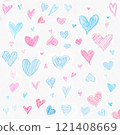 doodle blue and pink harts on white background, design elements, texture crayon child play 121408669