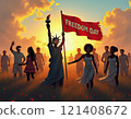 Freedom Day, group of African people in a field at sunset walking the meadow with grass and flowers , carry a red flag, one woman dressed cosplay as the statue of liberty 121408672