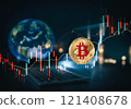 Bitcoin coin gold, rising infographic graph and a laptop computer with the world 121408678