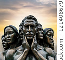 Unity standing together, monument bronze statue, headshot of group of people men and woman, hands on the chin, tough rough look, propaganda soviet republics, communist era cold war 121408679