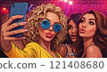 woman influencer taking a group selfie at a party, fun vibe, party lights background in the club with glitter 121408680