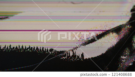 Display failure. Screen glitch. Black ink spreads across broken display surface. Flickering colored pixel lines dots on edge crack blur plasma TV monitor. 121408688