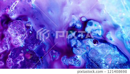 Violet fluid. Paint ice. Liquid purple watercolor flows on frozen blue surface. Cold glitter defocused dye ink mix wavy chaotically pouring. Violet fluid. Paint ice. Liquid purple watercolor flows on frozen blue surface. Cold glitter defocused dye ink mix wavy chaotically pouring. 121408698