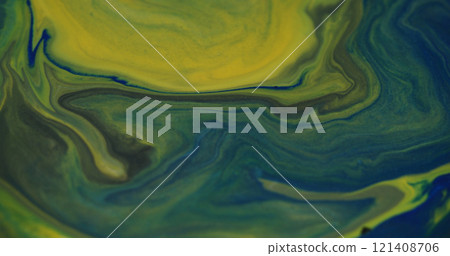 Paint ink. Spill mix. Yellow blue green colorful flows shimmering fluid floating on abstract art blurred bokeh light modern background. 121408706