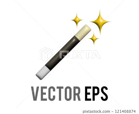 3D black classic magic wand and white tips icon with golden sparkling stars 121408874
