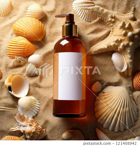 bottle of seashells and starfish on sand 121408942