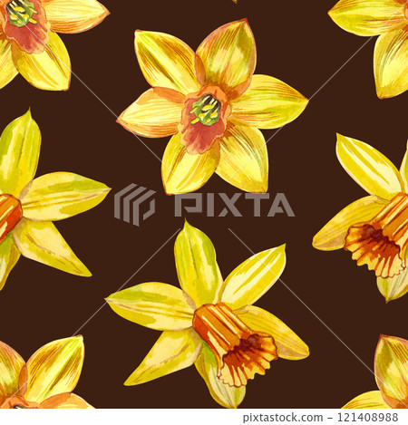 Yellow daffodils of different shapes, hand-painted in watercolor. Seamless watercolor pattern with daffodils on a dark brown background. For printing on cards, invitations, March 8, spring products 121408988