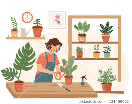 Woman is watering flowerpots  indoor 121409092